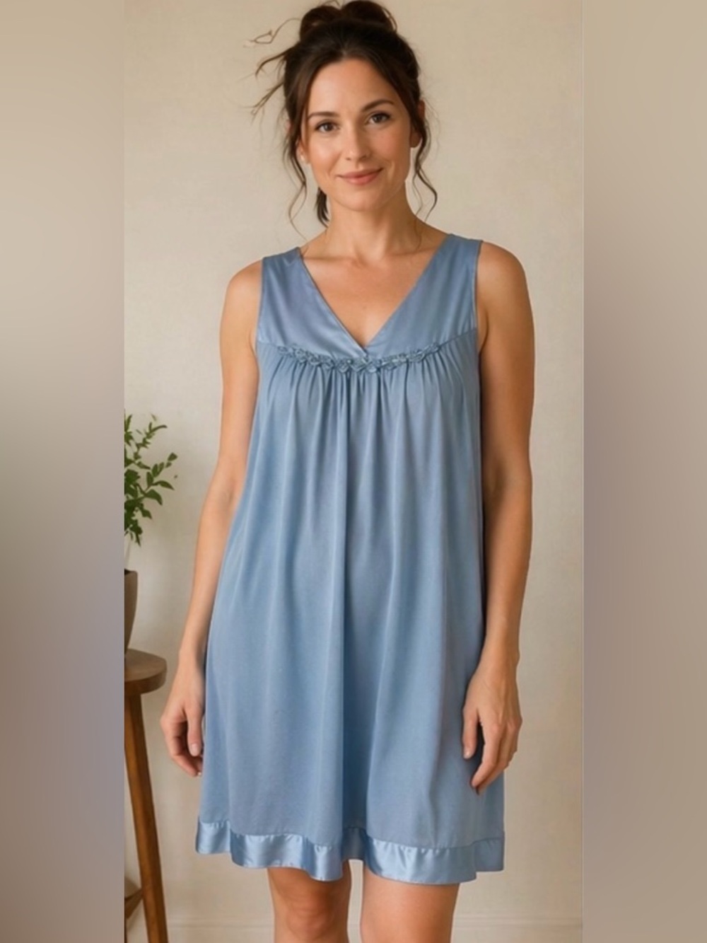 Vintage Vanity Fair Blue Slip Dress Mini Satin Trim Nightgown Large
